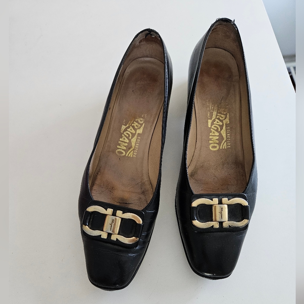 Salvatore Ferragamo Black Leather Pumps with Gold Buckle